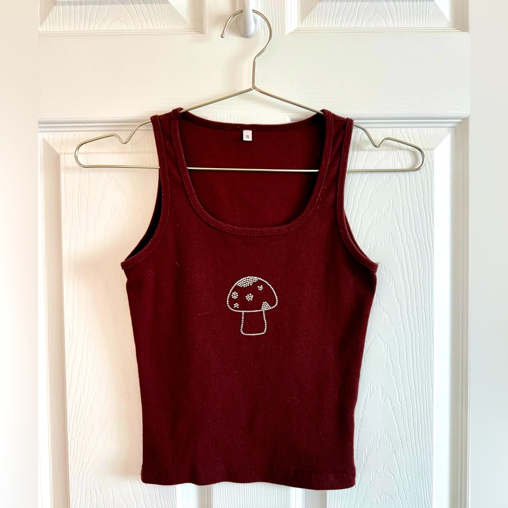 Unbranded Brown Tank Top with Cute Rhinestone Mushroom Design, Size Small